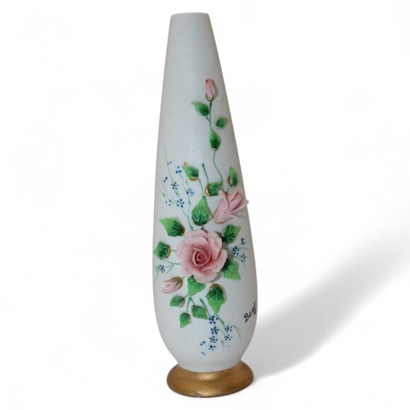 Vintage George Fine China Bud Vase Handpainted Pink Roses Gold Base Banff Japan - Picture 3 of 9